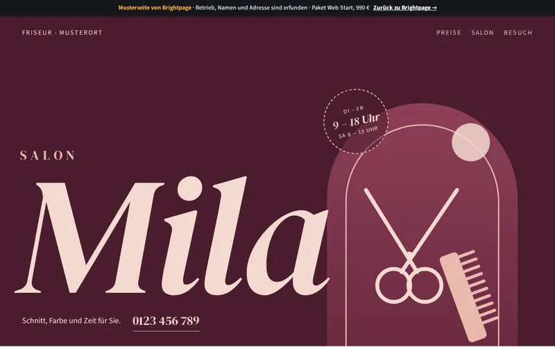 Startseite der Musterseite Friseursalon Mila