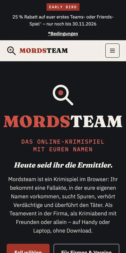 Home page of mordsteam.com on a phone
