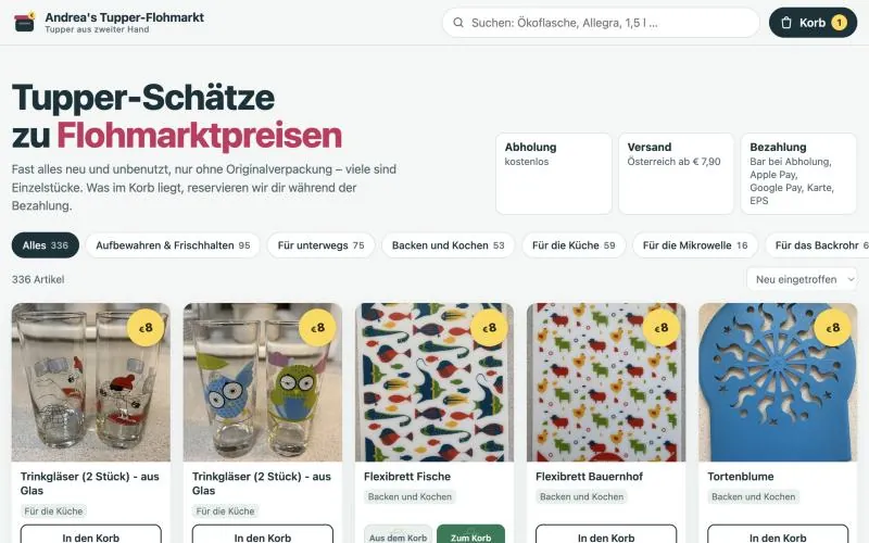 Home page of the online shop Andrea's Tupper-Flohmarkt on a laptop